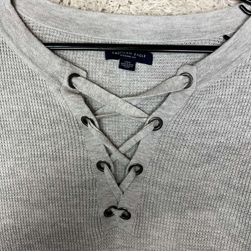 American Eagle Lace Up Waffle Knit Sweater Womens Large Gray Jegging Fit Comfy - Picture 4 of 10